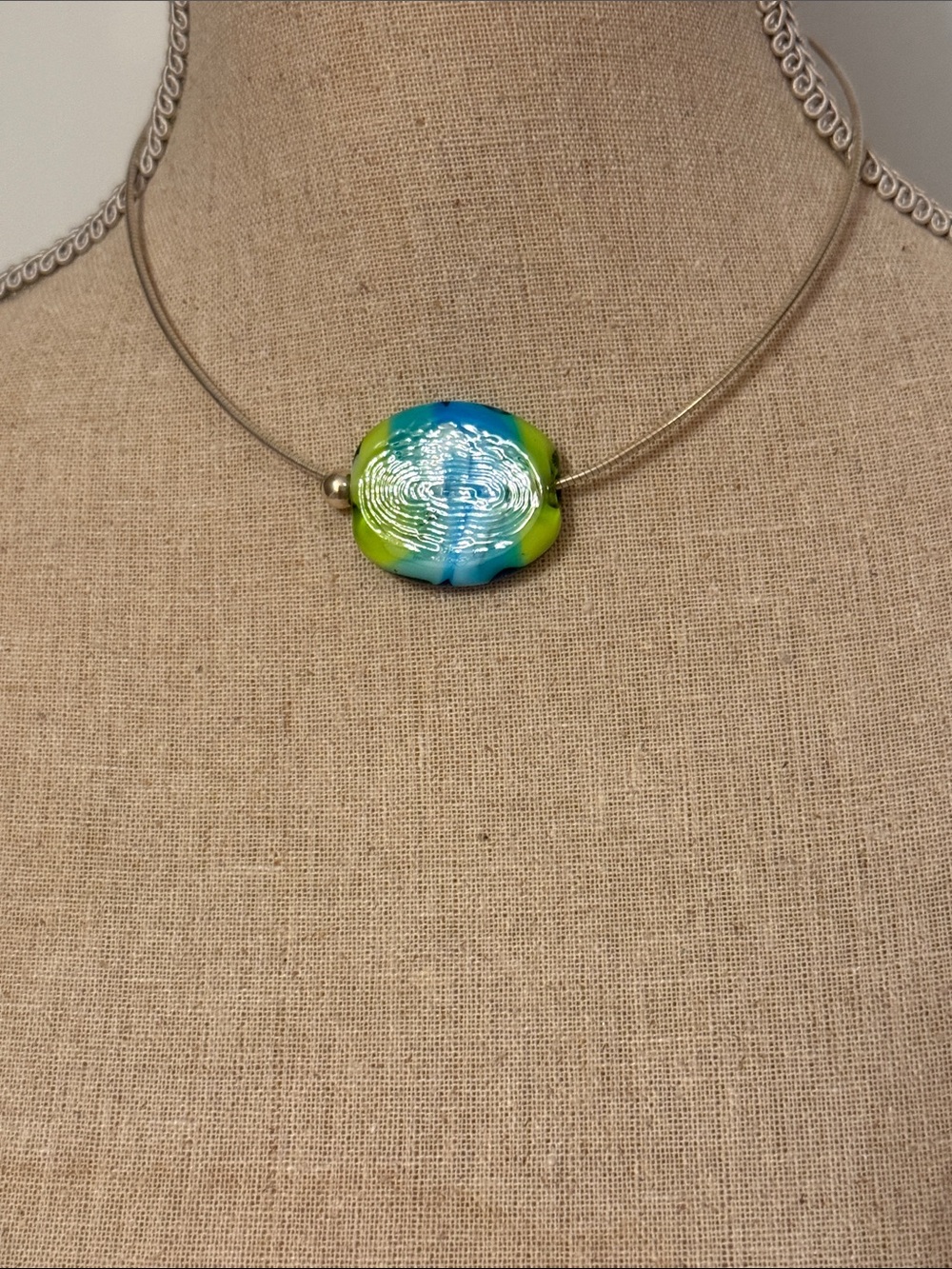 GM ITALY STERLING SILVER 925 CHOKER & BEAD BLUE YELLOW ART GLASS OVAL ADD ON 16”